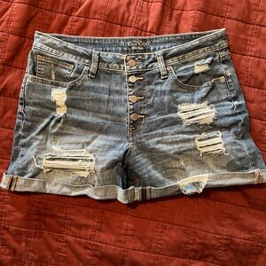 Maurices Women's Distressed Button Fly Blue Jean Shorts